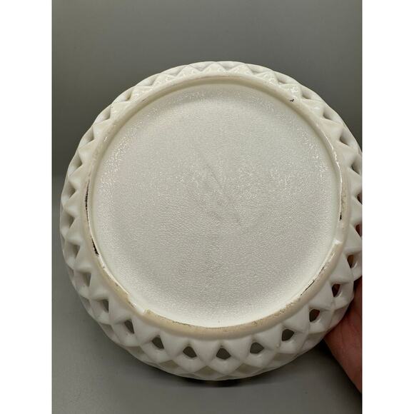 Vtg. Milk Glass Painted Floral Bowl Basket weave Lattice Fruit Compote Open Lace - Picture 6 of 13